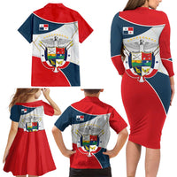 Panama City Skyline Family Matching Long Sleeve Bodycon Dress and Hawaiian Shirt with National Coat of Arms and Red Blue Flag Theme - Wonder Print Shop