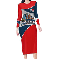 Panama City Skyline Family Matching Long Sleeve Bodycon Dress and Hawaiian Shirt with National Coat of Arms and Red Blue Flag Theme - Wonder Print Shop