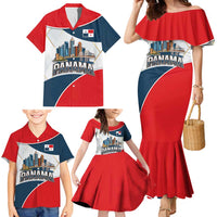 Panama City Skyline Family Matching Mermaid Dress and Hawaiian Shirt with National Coat of Arms and Red Blue Flag Theme - Wonder Print Shop
