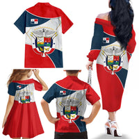 Panama City Skyline Family Matching Off The Shoulder Long Sleeve Dress and Hawaiian Shirt with National Coat of Arms and Red Blue Flag Theme - Wonder Print Shop