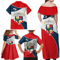 Panama City Skyline Family Matching Off Shoulder Maxi Dress and Hawaiian Shirt with National Coat of Arms and Red Blue Flag Theme - Wonder Print Shop