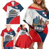 Panama City Skyline Family Matching Off Shoulder Short Dress and Hawaiian Shirt with National Coat of Arms and Red Blue Flag Theme - Wonder Print Shop
