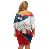 Panama City Skyline Family Matching Off Shoulder Short Dress and Hawaiian Shirt with National Coat of Arms and Red Blue Flag Theme - Wonder Print Shop