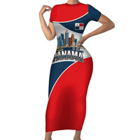 Panama City Skyline Family Matching Short Sleeve Bodycon Dress and Hawaiian Shirt with National Coat of Arms and Red Blue Flag Theme - Wonder Print Shop