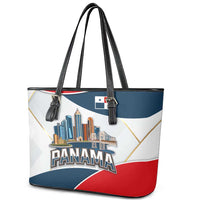 Panama City Skyline Leather Tote Bag with National Coat of Arms and Red Blue Flag Theme - Wonder Print Shop