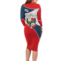 Panama City Skyline Long Sleeve Bodycon Dress with National Coat of Arms and Red Blue Flag Theme - Wonder Print Shop