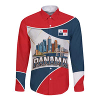 Panama City Skyline Long Sleeve Button Shirt with National Coat of Arms and Red Blue Flag Theme - Wonder Print Shop