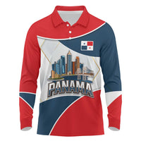 Panama City Skyline Long Sleeve Polo Shirt with National Coat of Arms and Red Blue Flag Theme - Wonder Print Shop