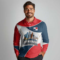 Panama City Skyline Long Sleeve Polo Shirt with National Coat of Arms and Red Blue Flag Theme - Wonder Print Shop