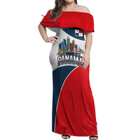 Panama City Skyline Off Shoulder Maxi Dress with National Coat of Arms and Red Blue Flag Theme - Wonder Print Shop