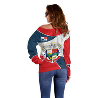Panama City Skyline Off Shoulder Sweater with National Coat of Arms and Red Blue Flag Theme - Wonder Print Shop