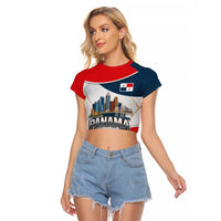 Panama City Skyline Raglan Cropped T Shirt with National Coat of Arms and Red Blue Flag Theme - Wonder Print Shop