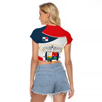 Panama City Skyline Raglan Cropped T Shirt with National Coat of Arms and Red Blue Flag Theme - Wonder Print Shop