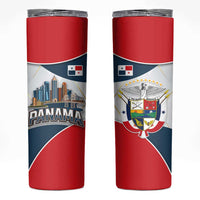 Panama City Skyline Skinny Tumbler with National Coat of Arms and Red Blue Flag Theme - Wonder Print Shop
