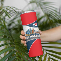 Panama City Skyline Skinny Tumbler with National Coat of Arms and Red Blue Flag Theme - Wonder Print Shop