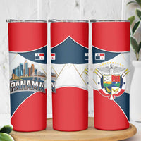Panama City Skyline Skinny Tumbler with National Coat of Arms and Red Blue Flag Theme - Wonder Print Shop