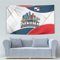 Panama City Skyline Tapestry with National Coat of Arms and Red Blue Flag Theme - Wonder Print Shop
