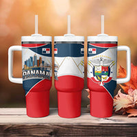 Panama City Skyline Tumbler With Handle with National Coat of Arms and Red Blue Flag Theme - Wonder Print Shop