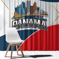 Panama City Skyline Window Curtain with National Coat of Arms and Red Blue Flag Theme - Wonder Print Shop
