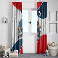 Panama City Skyline Window Curtain with National Coat of Arms and Red Blue Flag Theme - Wonder Print Shop