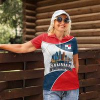 Panama City Skyline Women Polo Shirt with National Coat of Arms and Red Blue Flag Theme - Wonder Print Shop