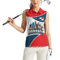 Panama City Skyline Women Sleeveless Polo Shirt with National Coat of Arms and Red Blue Flag Theme - Wonder Print Shop