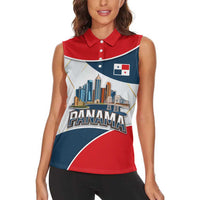 Panama City Skyline Women Sleeveless Polo Shirt with National Coat of Arms and Red Blue Flag Theme - Wonder Print Shop