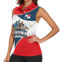 Panama City Skyline Women Sleeveless Polo Shirt with National Coat of Arms and Red Blue Flag Theme - Wonder Print Shop