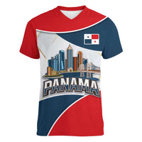 Panama City Skyline Women V-Neck T-Shirt with National Coat of Arms and Red Blue Flag Theme - Wonder Print Shop