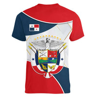 Panama City Skyline Women V-Neck T-Shirt with National Coat of Arms and Red Blue Flag Theme - Wonder Print Shop