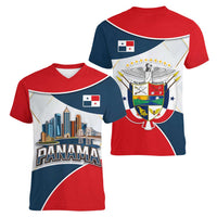 Panama City Skyline Women V-Neck T-Shirt with National Coat of Arms and Red Blue Flag Theme - Wonder Print Shop