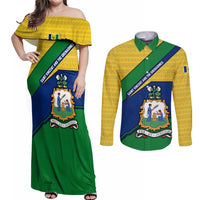Saint Vincent and the Grenadines Flag Couples Matching Off Shoulder Maxi Dress and Long Sleeve Button Shirt Coat of Arms and National Colors - Wonder Print Shop
