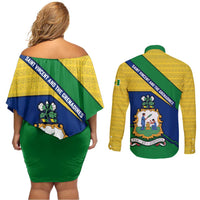 Saint Vincent and the Grenadines Flag Couples Matching Off Shoulder Short Dress and Long Sleeve Button Shirt Coat of Arms and National Colors - Wonder Print Shop