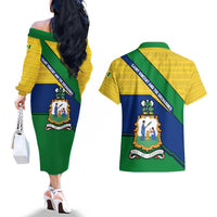 Saint Vincent and the Grenadines Flag Couples Matching Off The Shoulder Long Sleeve Dress and Hawaiian Shirt Coat of Arms and National Colors - Wonder Print Shop