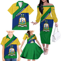 Saint Vincent and the Grenadines Flag Family Matching Off The Shoulder Long Sleeve Dress and Hawaiian Shirt Coat of Arms and National Colors - Wonder Print Shop