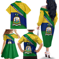 Saint Vincent and the Grenadines Flag Family Matching Off The Shoulder Long Sleeve Dress and Hawaiian Shirt Coat of Arms and National Colors - Wonder Print Shop