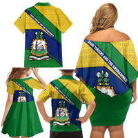 Saint Vincent and the Grenadines Flag Family Matching Off Shoulder Short Dress and Hawaiian Shirt Coat of Arms and National Colors - Wonder Print Shop