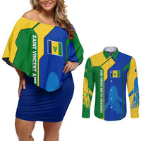 Saint Vincent and the Grenadines Flag Wave Map Couples Matching Off Shoulder Short Dress and Long Sleeve Button Shirt Caribbean Island Pride Pullover - Wonder Print Shop