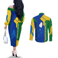 Saint Vincent and the Grenadines Flag Wave Map Couples Matching Off The Shoulder Long Sleeve Dress and Long Sleeve Button Shirt Caribbean Island Pride Pullover - Wonder Print Shop
