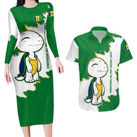 Saint Vincent and the Grenadines Turtle Couples Matching Long Sleeve Bodycon Dress and Hawaiian Shirt with Coat of Arms and Green Heritage Design - Wonder Print Shop