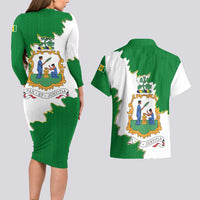 Saint Vincent and the Grenadines Turtle Couples Matching Long Sleeve Bodycon Dress and Hawaiian Shirt with Coat of Arms and Green Heritage Design - Wonder Print Shop