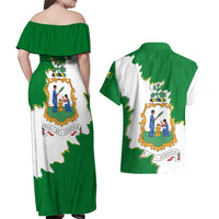 Saint Vincent and the Grenadines Turtle Couples Matching Off Shoulder Maxi Dress and Hawaiian Shirt with Coat of Arms and Green Heritage Design - Wonder Print Shop