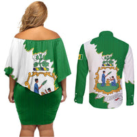 Saint Vincent and the Grenadines Turtle Couples Matching Off Shoulder Short Dress and Long Sleeve Button Shirt with Coat of Arms and Green Heritage Design - Wonder Print Shop