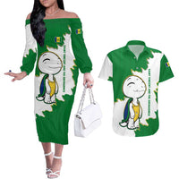Saint Vincent and the Grenadines Turtle Couples Matching Off The Shoulder Long Sleeve Dress and Hawaiian Shirt with Coat of Arms and Green Heritage Design - Wonder Print Shop