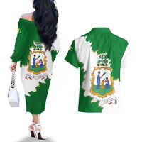 Saint Vincent and the Grenadines Turtle Couples Matching Off The Shoulder Long Sleeve Dress and Hawaiian Shirt with Coat of Arms and Green Heritage Design - Wonder Print Shop