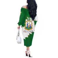 Saint Vincent and the Grenadines Turtle Off The Shoulder Long Sleeve Dress with Coat of Arms and Green Heritage Design - Wonder Print Shop