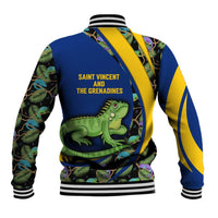 Saint Vincent and the Grenadines Iguana Baseball Jacket with Tropical Leaf Pattern and National Flag - Wonder Print Shop