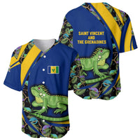 Saint Vincent and the Grenadines Iguana Baseball Jersey with Tropical Leaf Pattern and National Flag - Wonder Print Shop