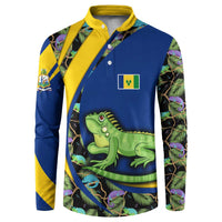Saint Vincent and the Grenadines Iguana Button Sweatshirt with Tropical Leaf Pattern and National Flag - Wonder Print Shop