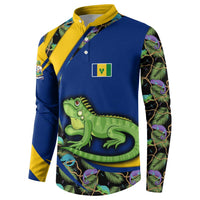 Saint Vincent and the Grenadines Iguana Button Sweatshirt with Tropical Leaf Pattern and National Flag - Wonder Print Shop